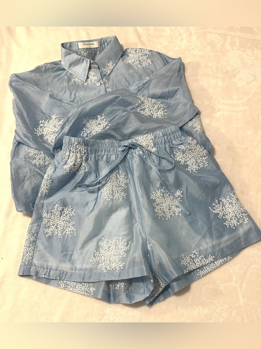 Commense Blue/White 2pc Cotton
Woven Embroidered Button-Up Shirt & Shorts